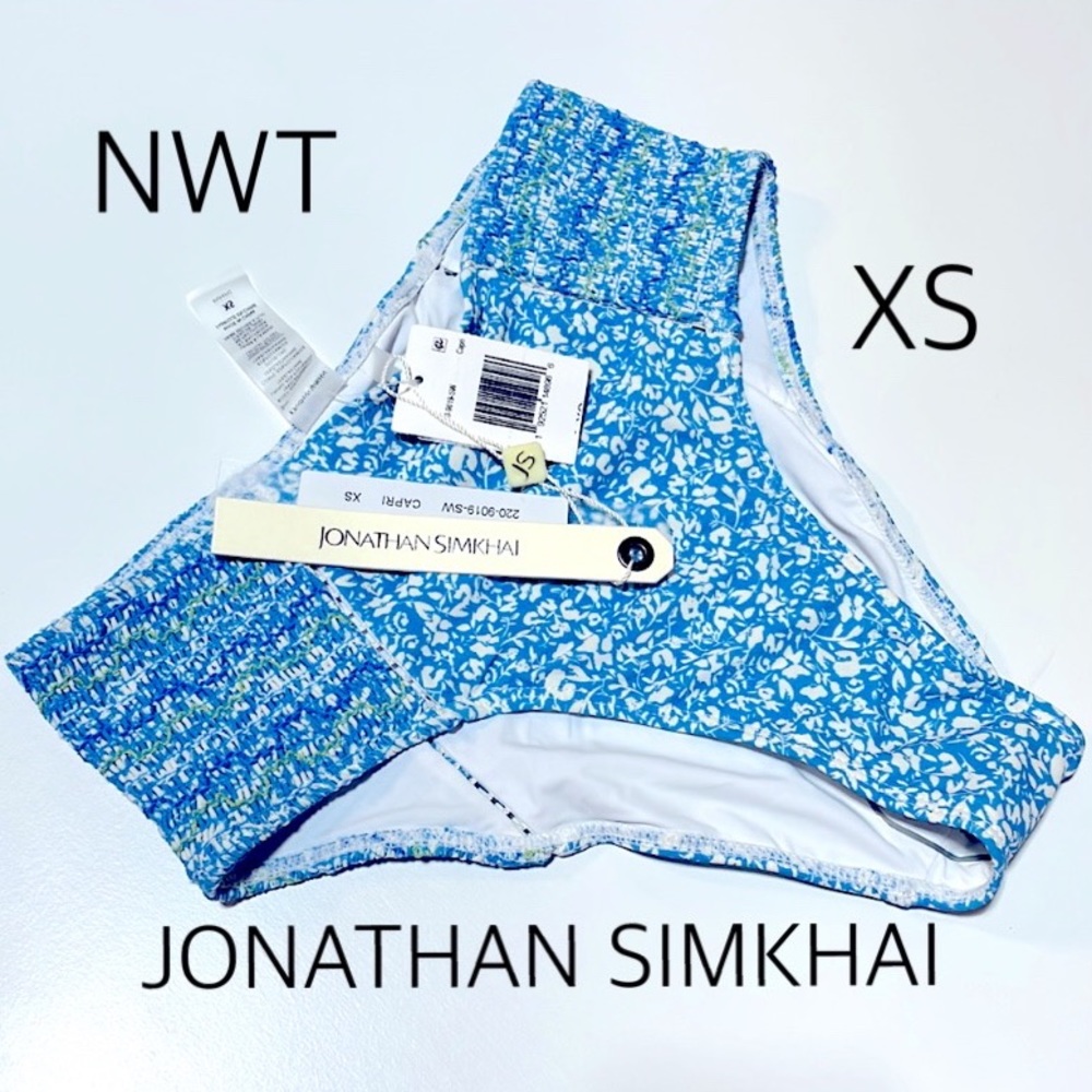 NWT (XS) Jonathan Simkhai blue high leg capri embroidered smocked swim bottoms